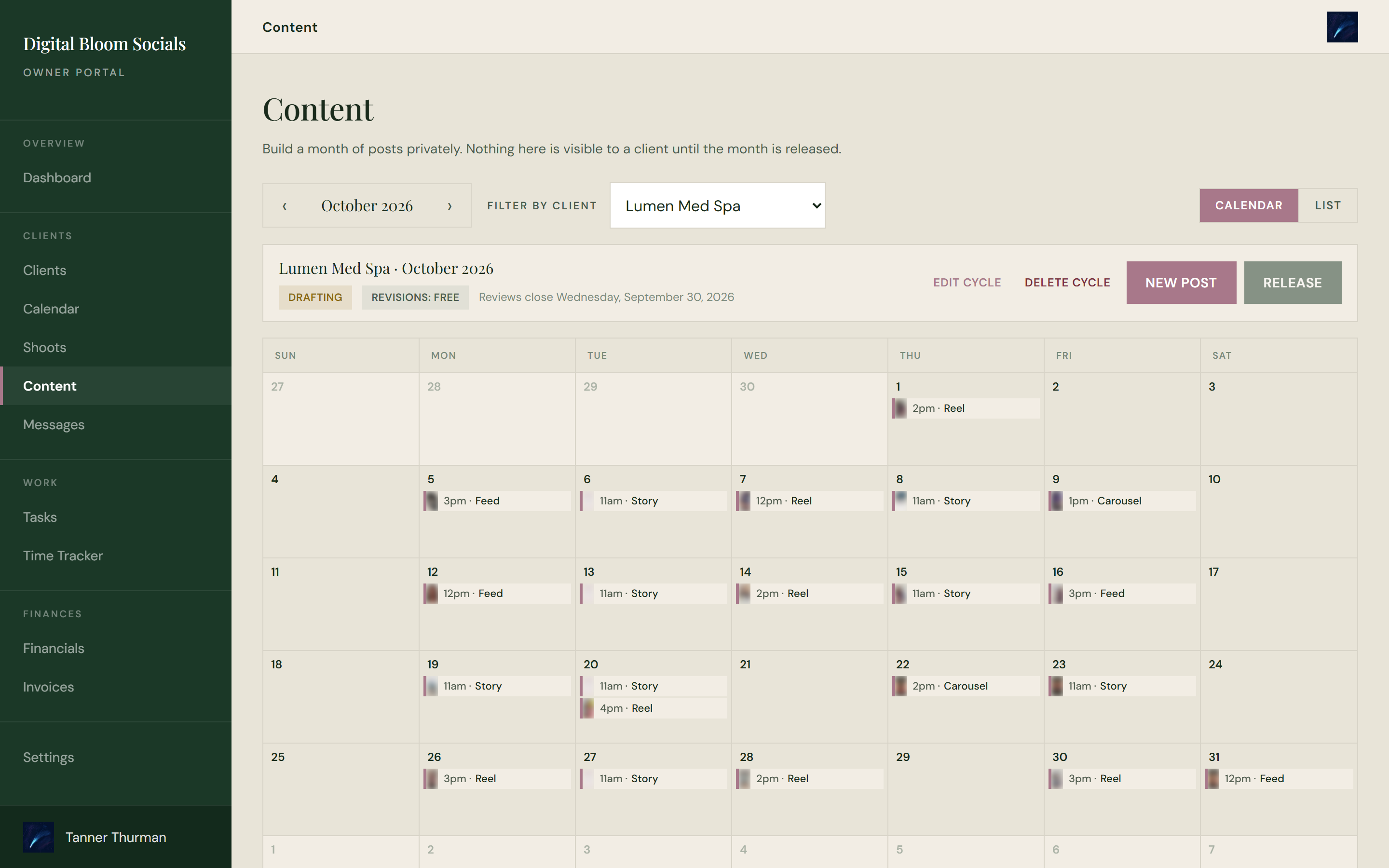 Monthly content calendar in the Digital Bloom Socials portal, with posts marked as draft, in client review or released