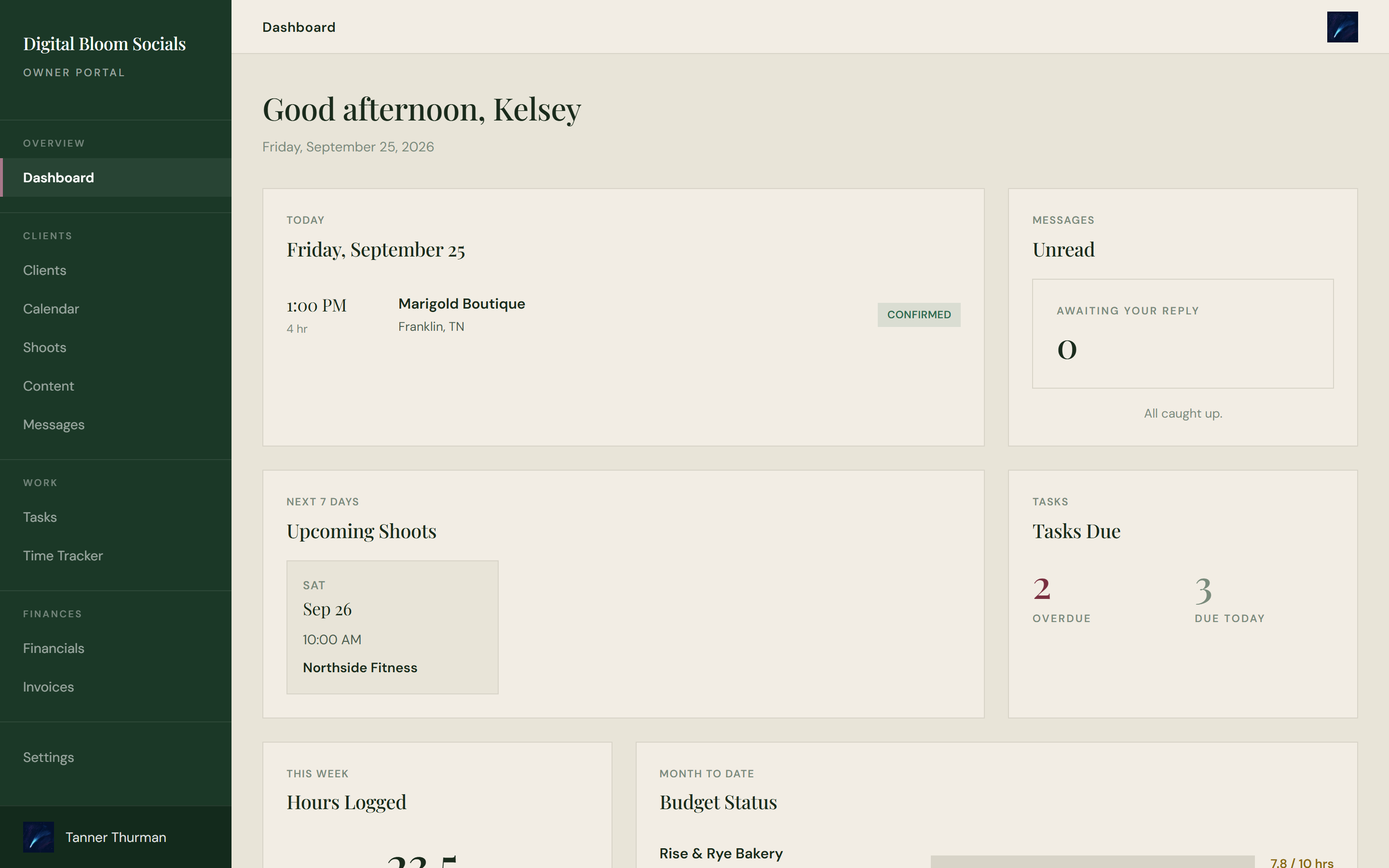 Digital Bloom Socials owner dashboard with the week's scheduled shoots, client retainer hours and open invoices